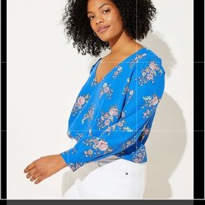 Loft Plus Floral V Neck Puff Sleeve Blouse sz 18